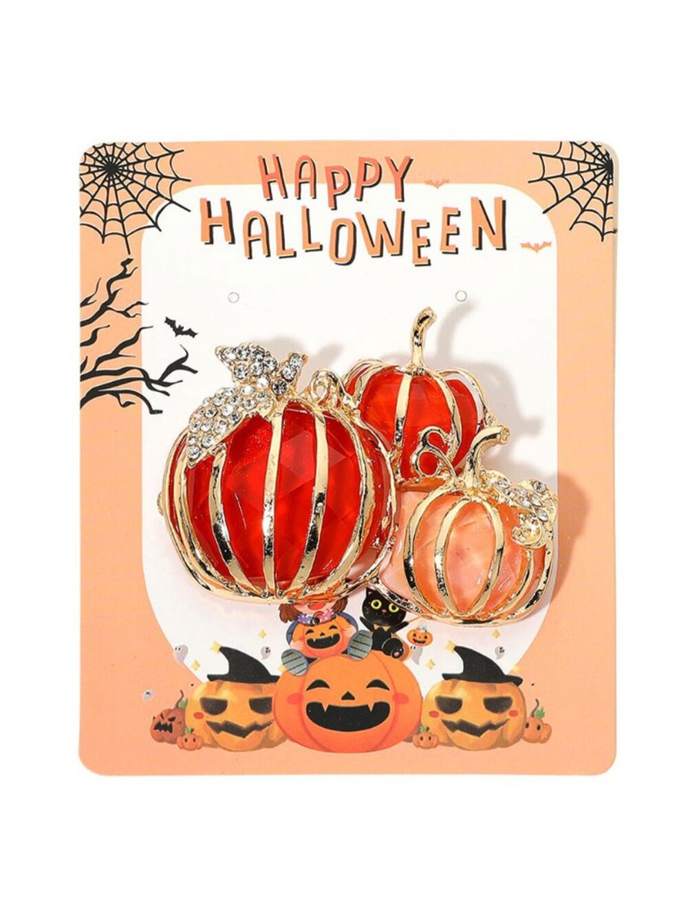 Tigerstars Rhinestone Pave Triple Halloween Pumpkin Pin Brooch